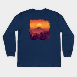 Golden Sunset In The Misty Mountains Kids Long Sleeve T-Shirt